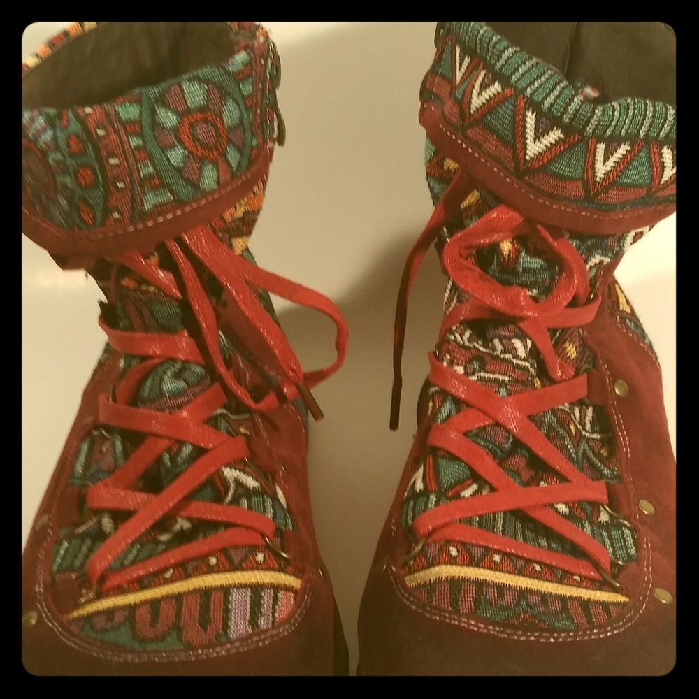 Womens Aztec pattern leather boots Bohemian